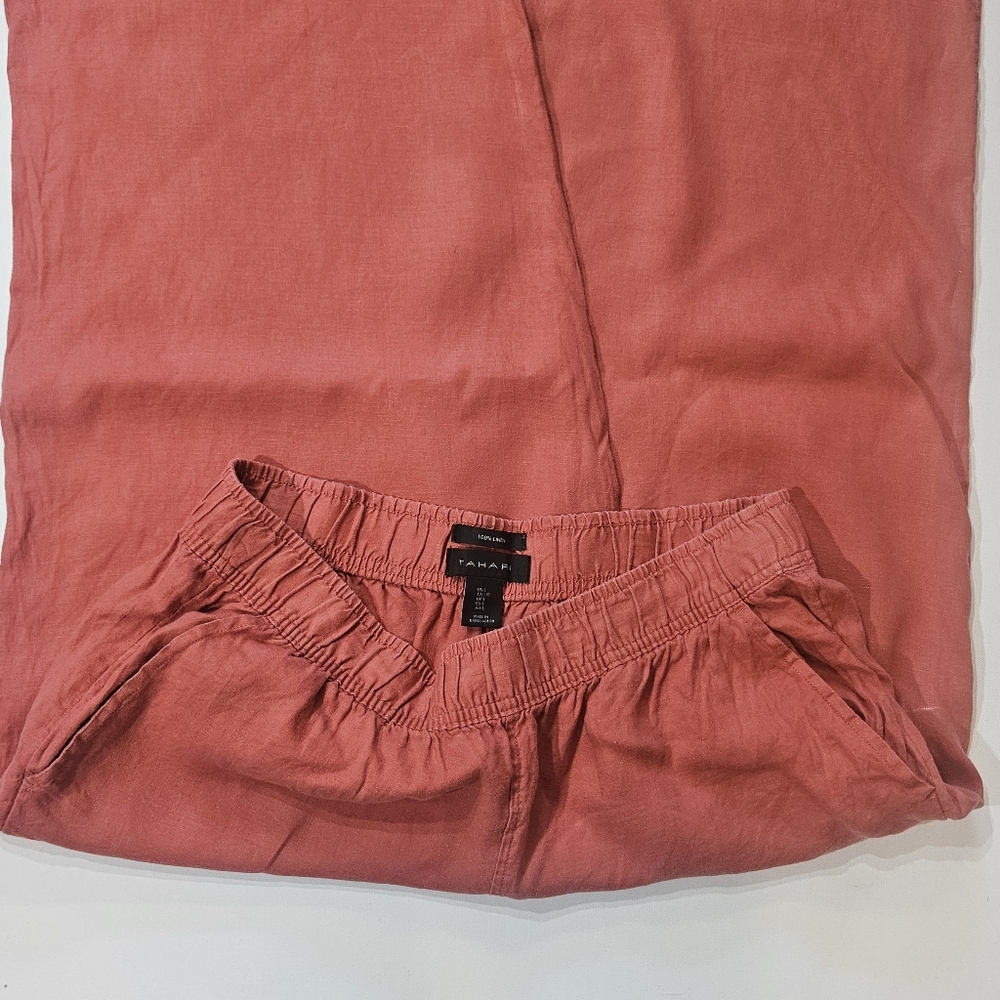 Tahari‎ 100% Linen Pants Womens Large Orange Stretch Waist High Rise Wide Leg - Picture 4 of 7